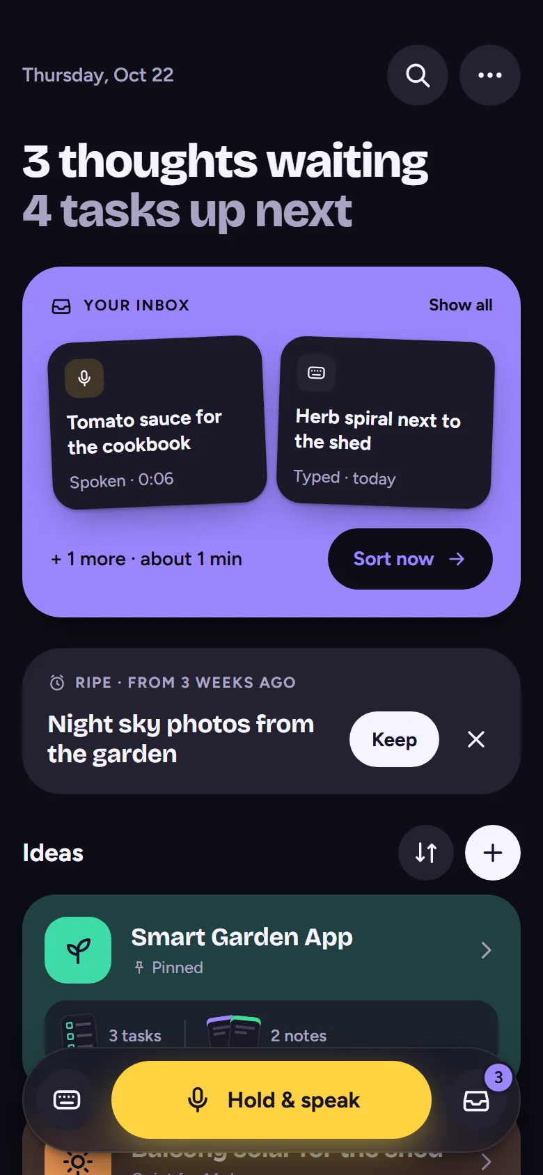 IdeaHive home screen in dark mode